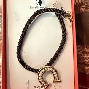 House of Harlow 1960 Black Rope Necklace with Gold Horseshoe and Pearls